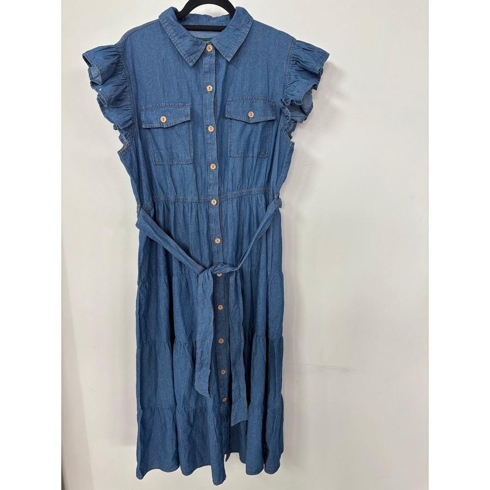 Meadow Rhodes Blue Denim Midi Dress Plus 1X Ruffle Sleeve Tiered Cotton NWT